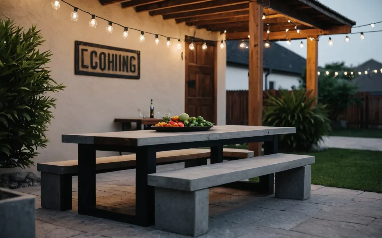 backyard entertainment setup A modern backyard patio with a concrete block bench and table set arranged neatly under string lights in the evening.