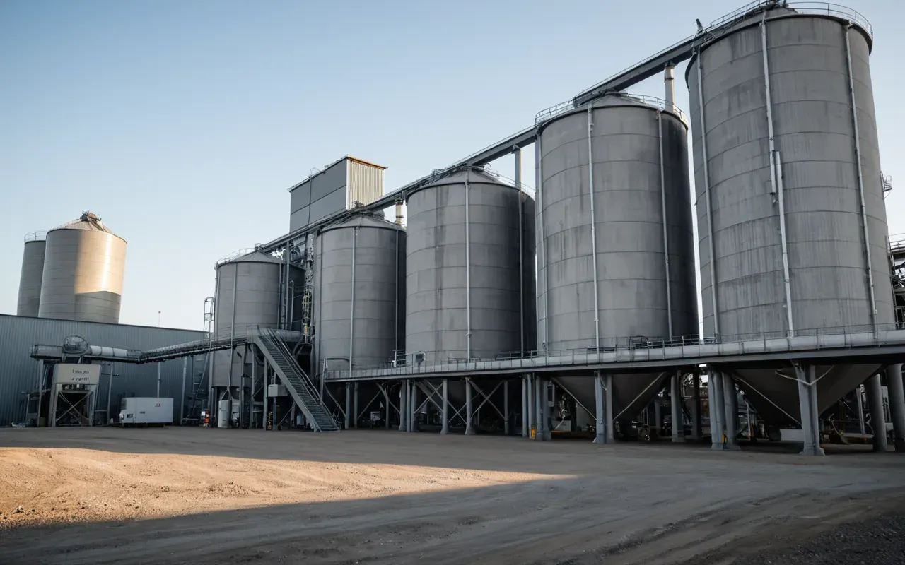 A modern concrete batching plant facility with large storage silos and conveyor belts under a clear sky showing industrial precision and clean lines in neutral gray tones.