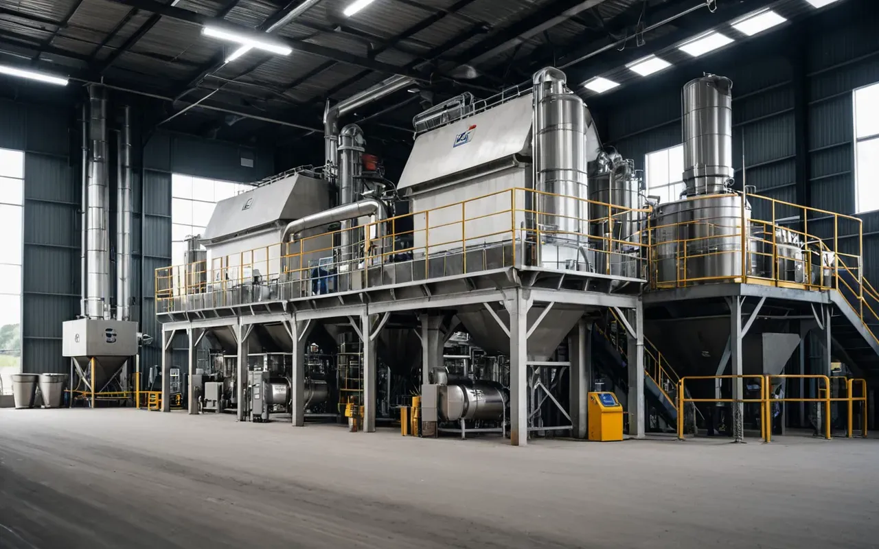 batching plant equipment A modern concrete batching plant interior with stainless steel hoppers and digital control panels under bright industrial lighting
