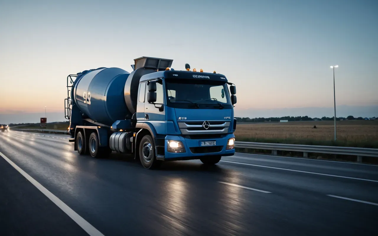 A modern concrete mixer truck driving on a highway at dusk with its drum rotating slowly and headlights illuminating the asphalt road ahead in cool blue tones.