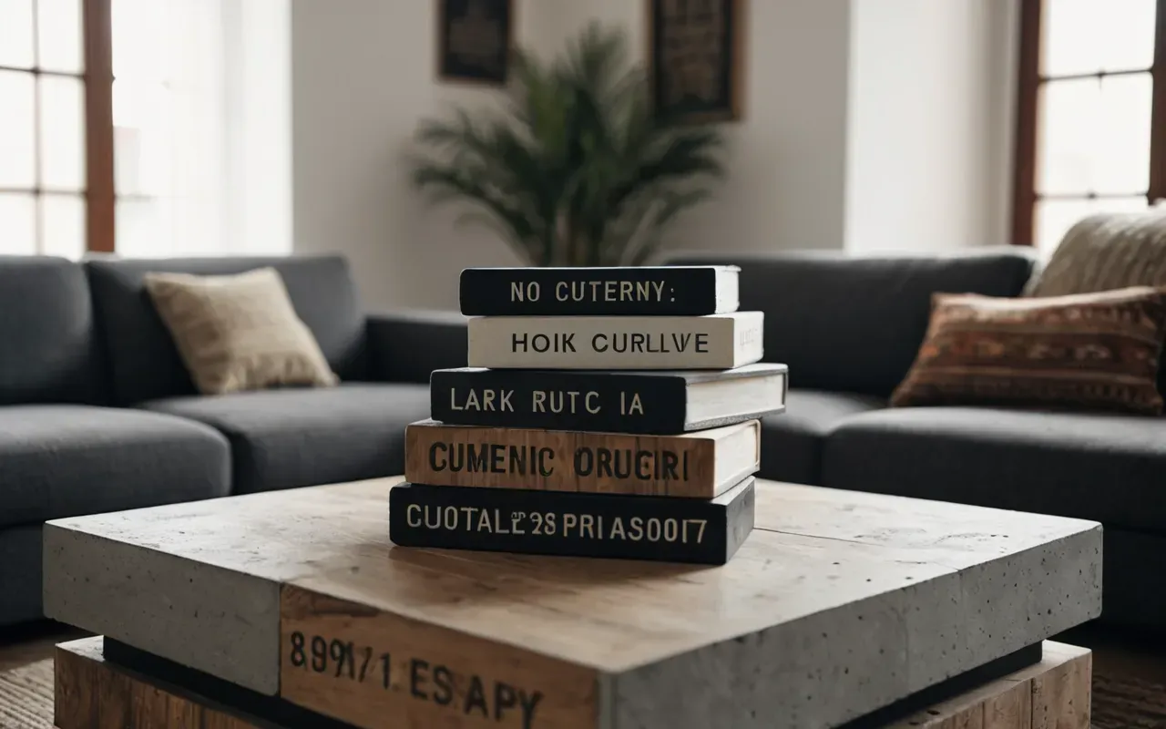 concrete block furniture A modern living room featuring a low coffee table made of stacked concrete blocks with a smooth wooden top and books resting on it.