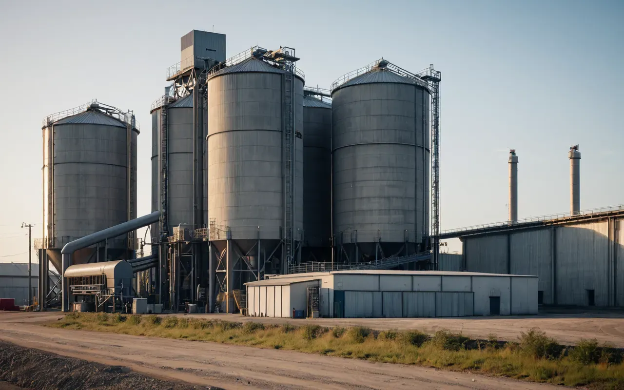 A photo-realistic view of a modern concrete batching plant exterior with large storage silos and a control building under soft morning light.