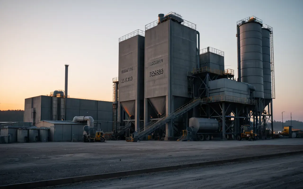 concrete batching plant dawn scene A photo-realistic view of a modern concrete batching plant at dawn. The scene features large cylindrical hoppers and a central mixing drum with visible hydraulic arms. The lighting is soft and golden from the early sun casting long shadows across the industrial yard. The mood is calm but active suggesting preparation for a day's work. No text or logos are visible on any equipment.