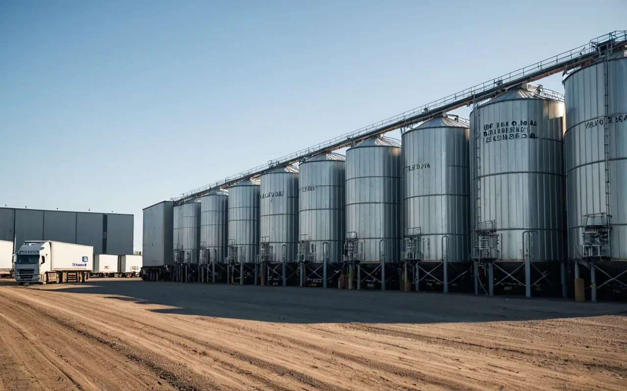 industrial concrete facility A row of large industrial storage silos standing against a clear blue sky with heavy trucks parked nearby.