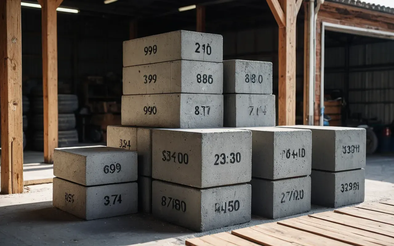 concrete block storage A sunlit garage floor with a neat stack of gray concrete blocks and wooden planks waiting to be assembled into furniture.