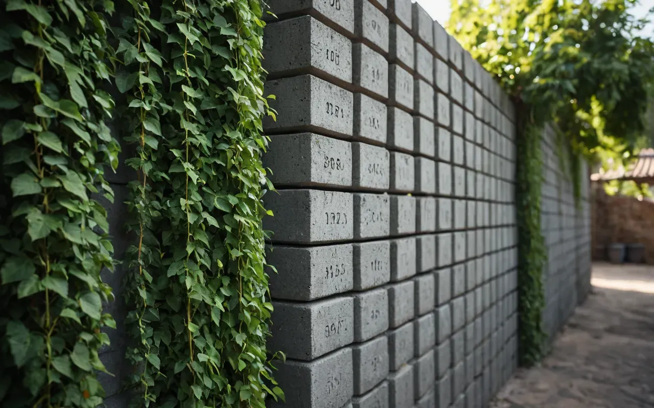 backyard privacy solutions A tall backyard wall made of stacked concrete blocks with green climbing vines covering the surface in soft afternoon light.