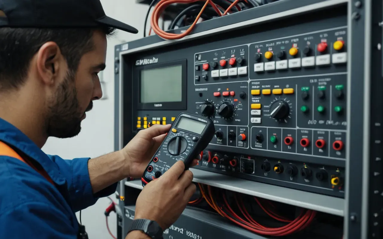 concrete plant inspection A technician using a digital multimeter to test electrical components inside an open control panel of industrial equipment in a clean workshop environment with focused task lighting, no text visible on instruments or panels.