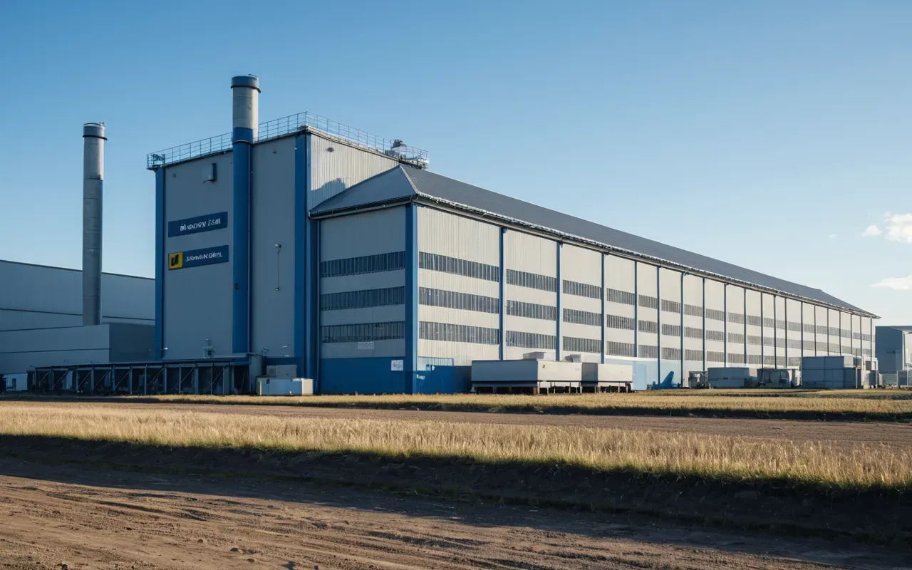 A vast modern industrial facility with rows of large silver ventilation units and heavy machinery under a bright blue sky.