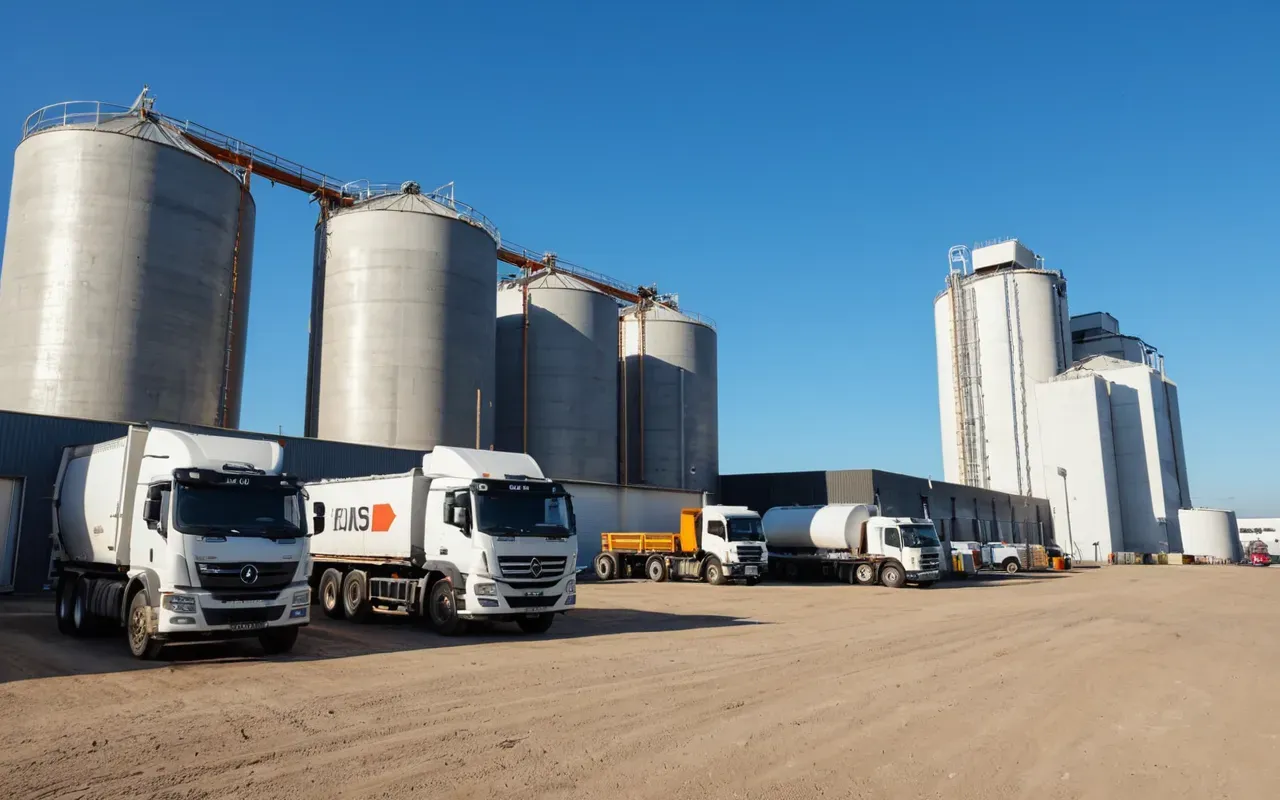 concrete batching facility A wide angle shot of a modern concrete batching plant exterior with large storage silos and mixing trucks parked in the lot under a clear blue sky during daytime.