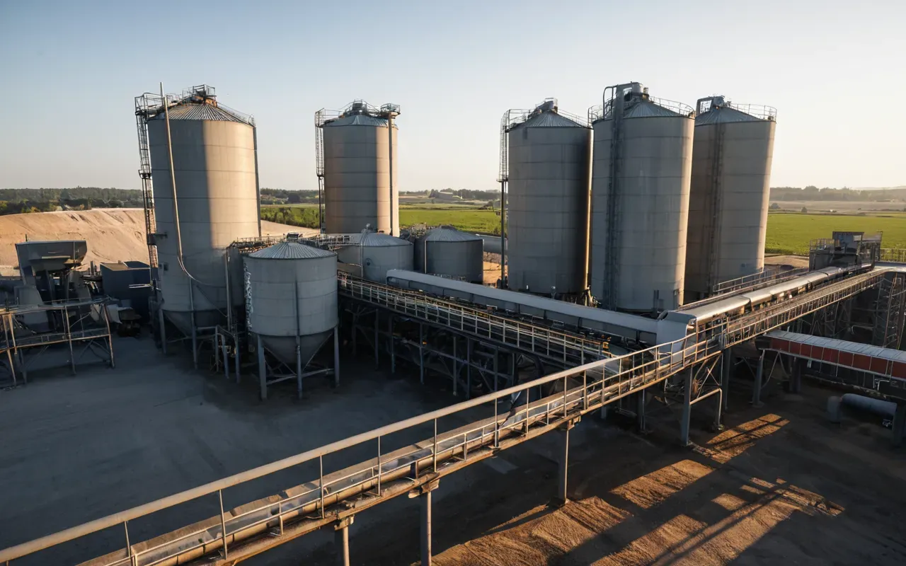 A wide-angle view of a modern industrial concrete batching plant exterior during late afternoon, featuring large cylindrical silos and conveyor belts with no visible text or people in the frame, bathed in warm golden light.