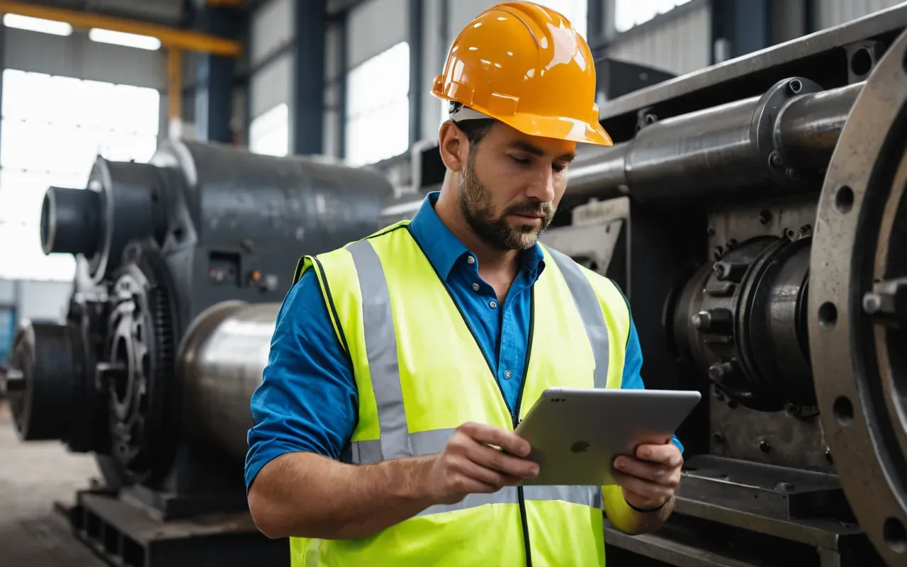 A worker wearing high visibility vest and hard hat inspecting a large industrial machine component with a tablet device in hand, bright natural light