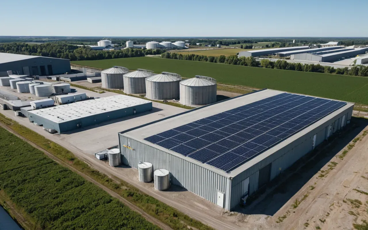 Aerial view of modern industrial complex with green roof panels and solar arrays surrounding concrete storage silos under clear blue sky