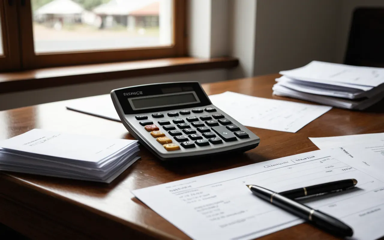 Close up of a calculator and stack of invoices on a wooden desk with natural window light highlighting paper documents