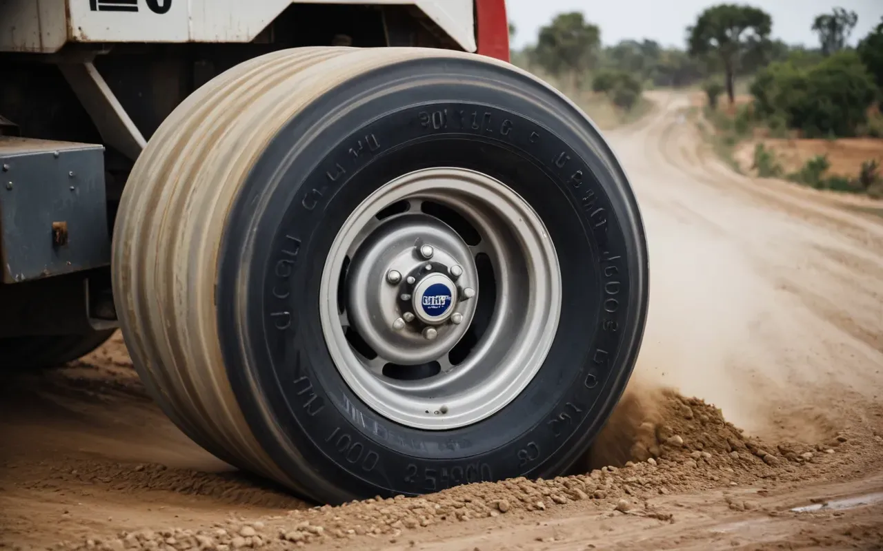 Close up of a concrete mixer truck wheel on a dirt road with dust in the air showing heavy transport operation.