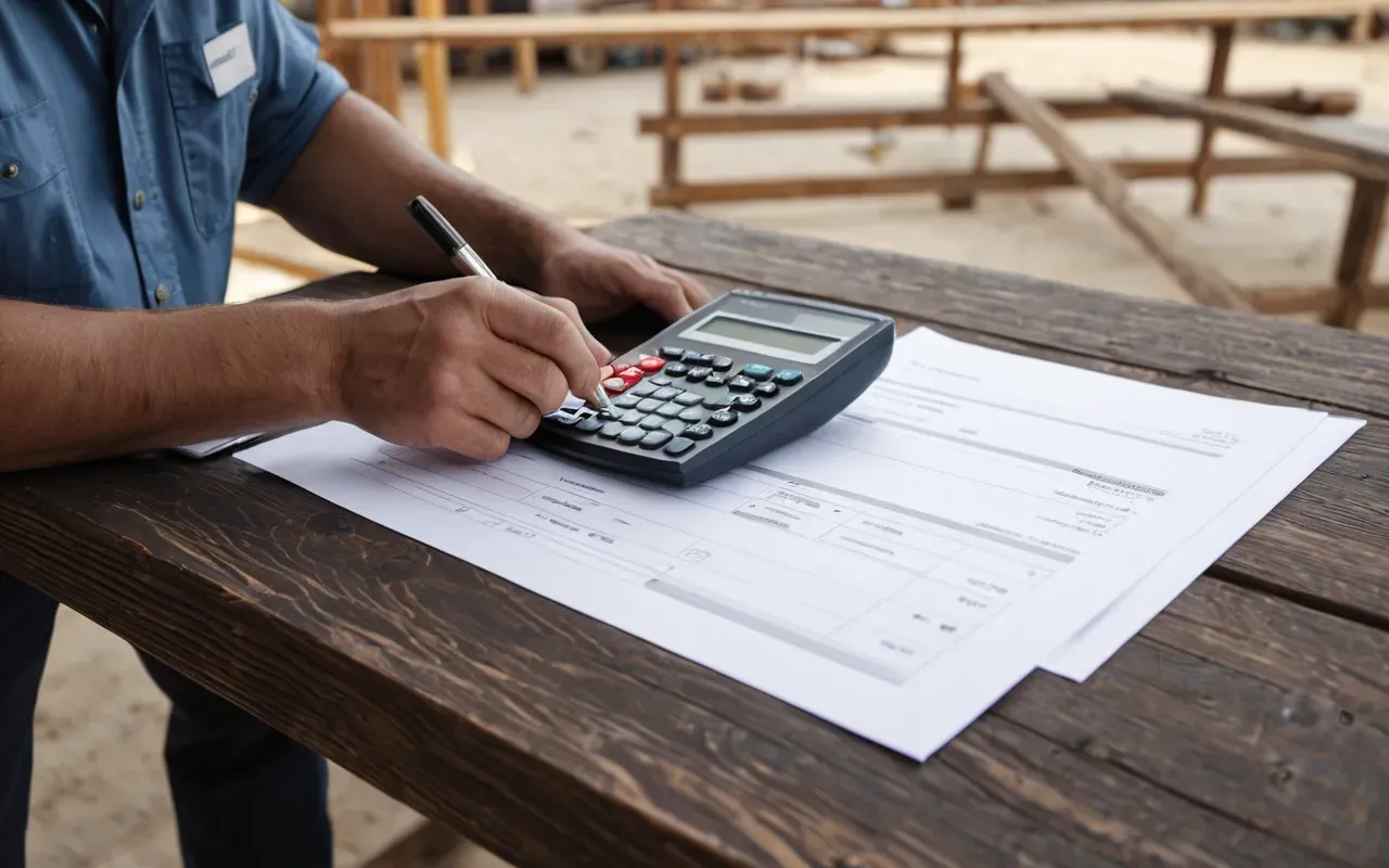 Close up of a construction manager reviewing printed documents with a calculator on a wooden site table in bright daylight.