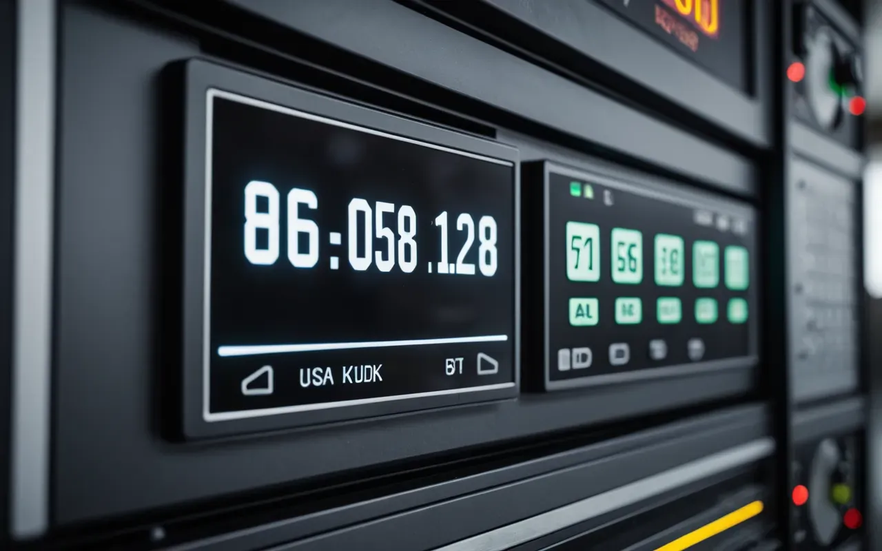 Close up of a digital control panel with glowing indicators and sliding switches in a clean modern industrial setting, shallow depth of field