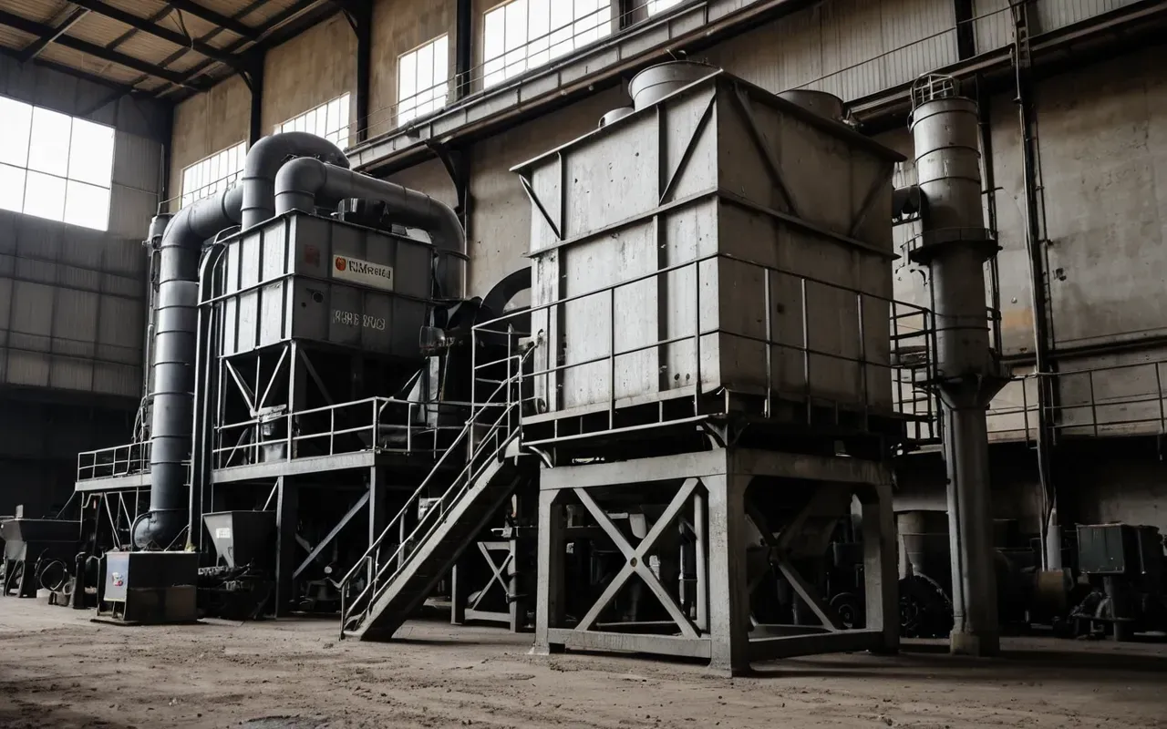 Close up of industrial concrete batching plant machinery with worn components and dust accumulation in a dim warehouse setting