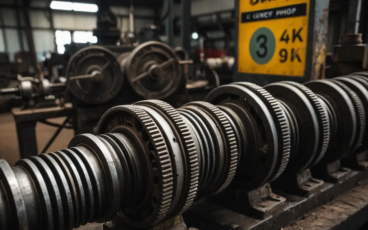 Close up of worn metal gears and hydraulic hoses showing signs of industrial wear in a dimly lit workshop environment