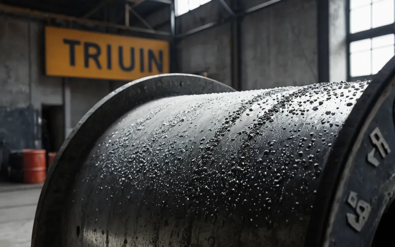 Close-up view of concrete mixer drum interior with wet mixture swirling under bright industrial lighting and steel texture detail