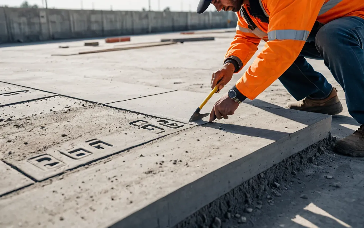 Construction worker inspecting fresh concrete surface with trowel and measuring tape in bright daylight on industrial site