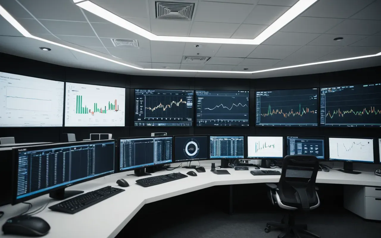 Interior shot of a modern control room with large monitors displaying real time data graphs and clean white surfaces, soft ambient lighting