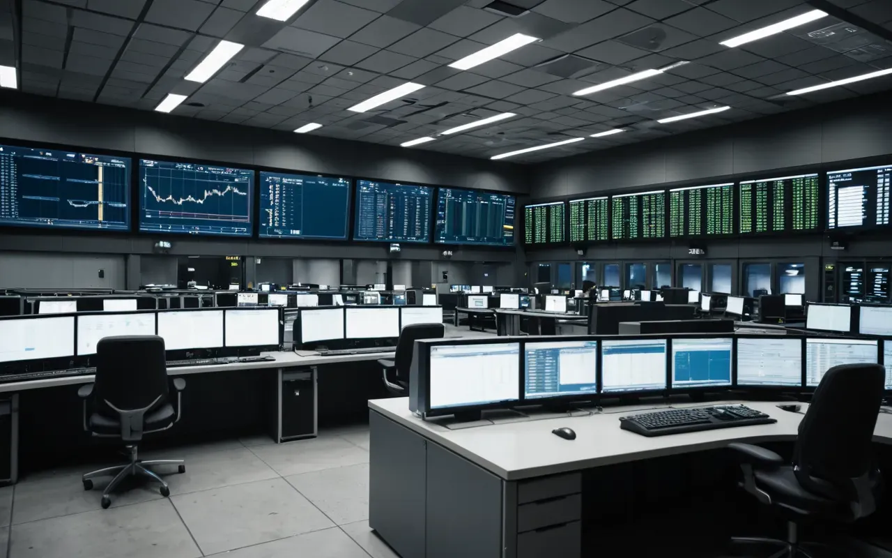 Interior view of a modern control room with large screens displaying data and operators monitoring concrete batching processes.