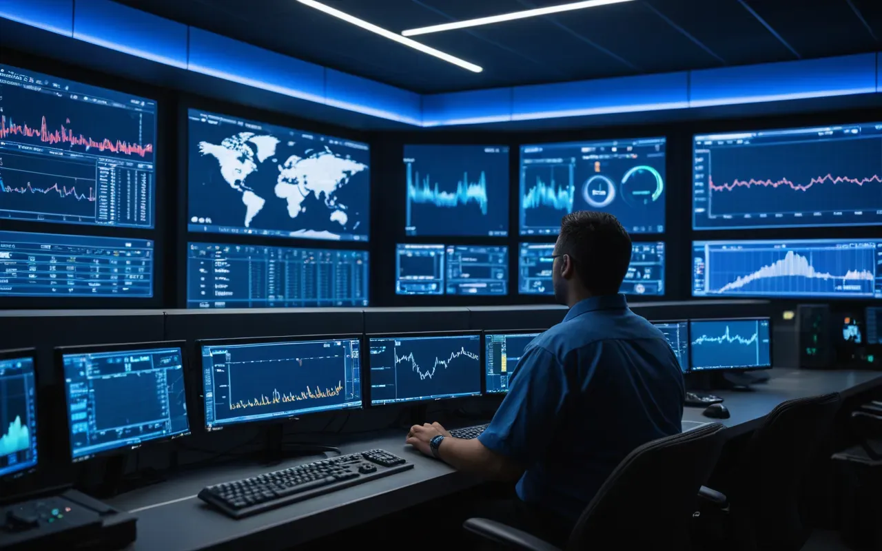 Interior view of control room with multiple computer screens displaying data charts and operator hands on keyboard under cool blue lighting
