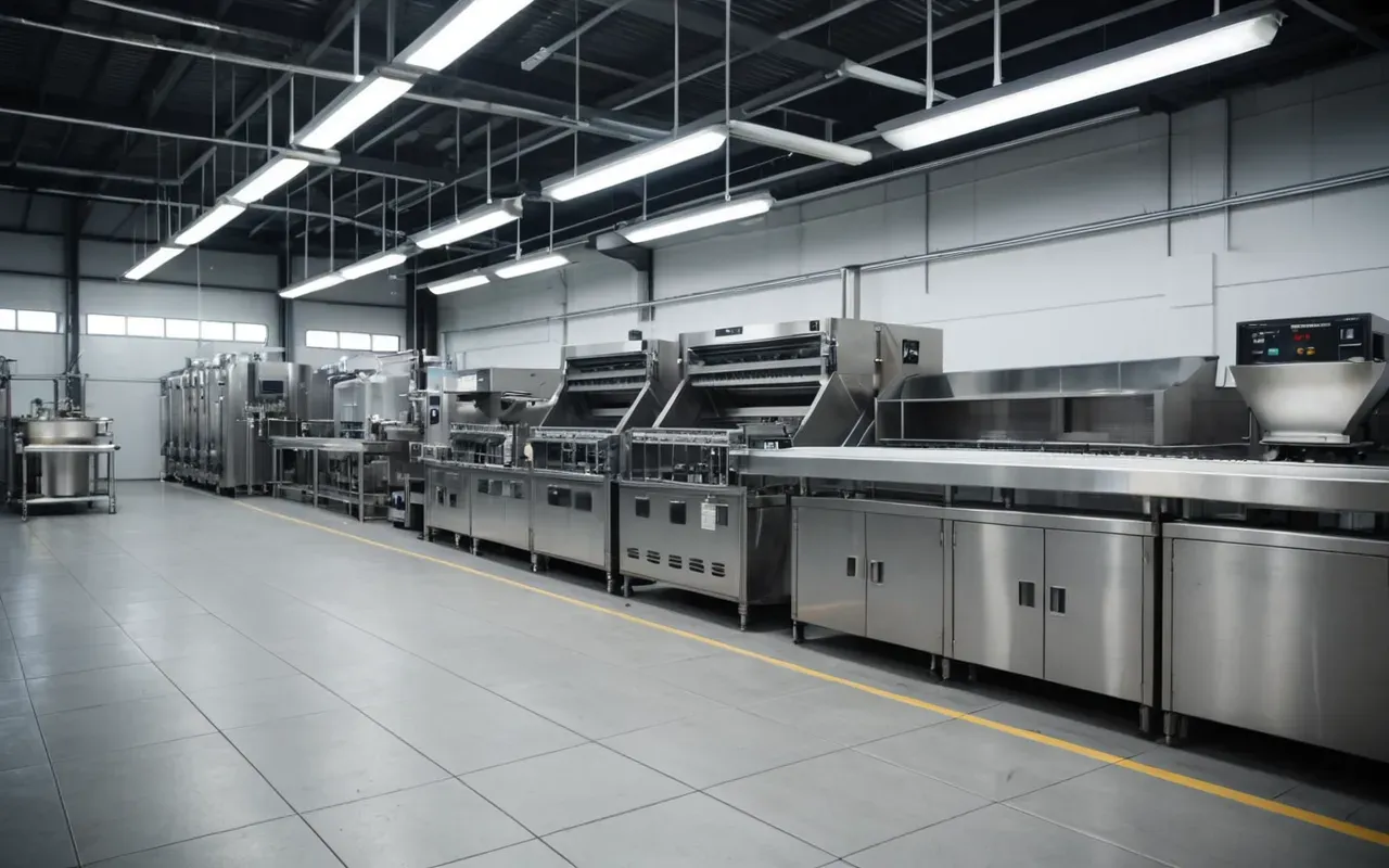 Modern industrial facility interior with clean stainless steel machinery and bright overhead lighting in a sterile environment.