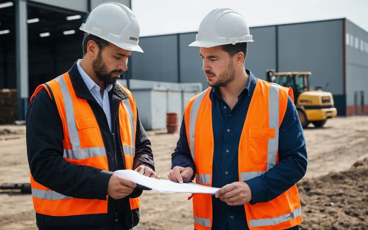 Photo of two construction professionals reviewing documents and checking equipment status in an outdoor industrial yard during daytime