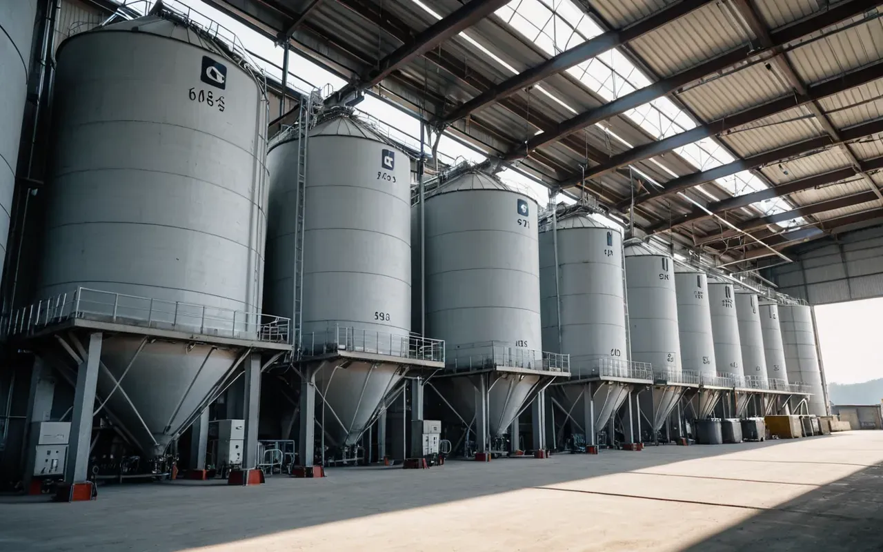 Wide angle shot of a modern concrete batching facility with large silos and automated mixers under bright daylight showing industrial efficiency.