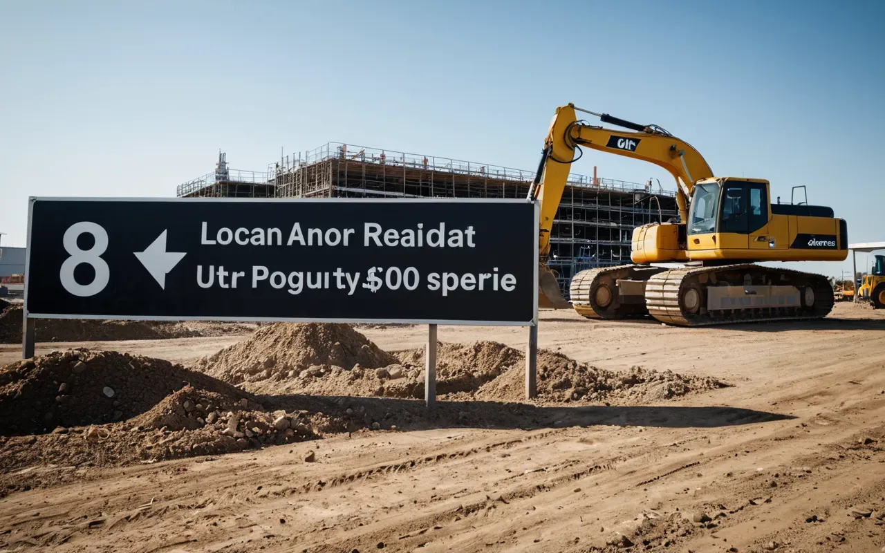 Wide angle view of a modern construction site with heavy machinery in the background and a clear sky overhead.