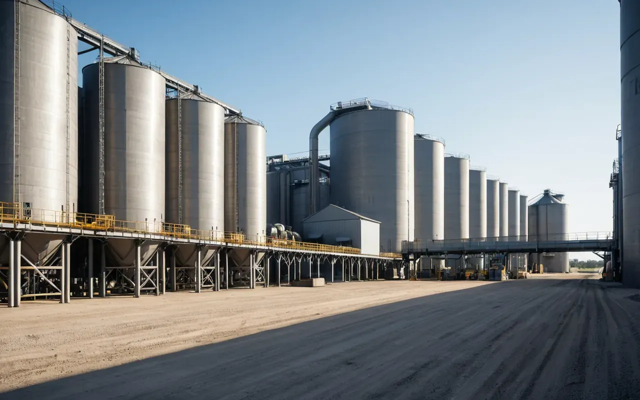 Wide angle view of a modern industrial concrete batching facility with large silos and automated conveyor belts under bright daylight, clean composition
