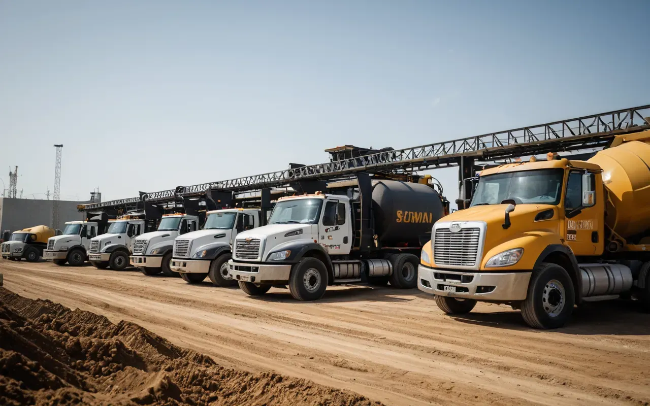 Wide shot of a construction site with multiple ready mix trucks lined up waiting to unload during an active pour operation.