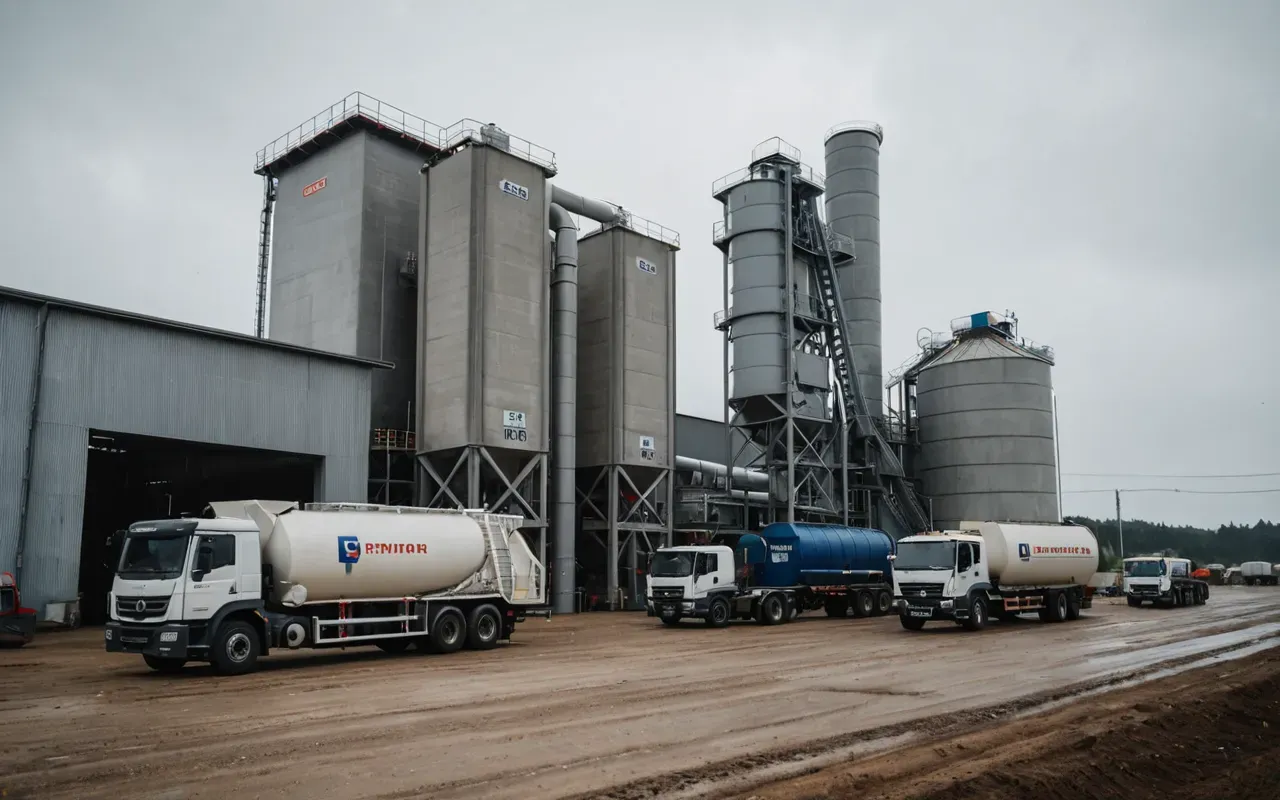 Wide shot of a modern concrete batching plant exterior with clean industrial lines and parked mixer trucks under overcast sky