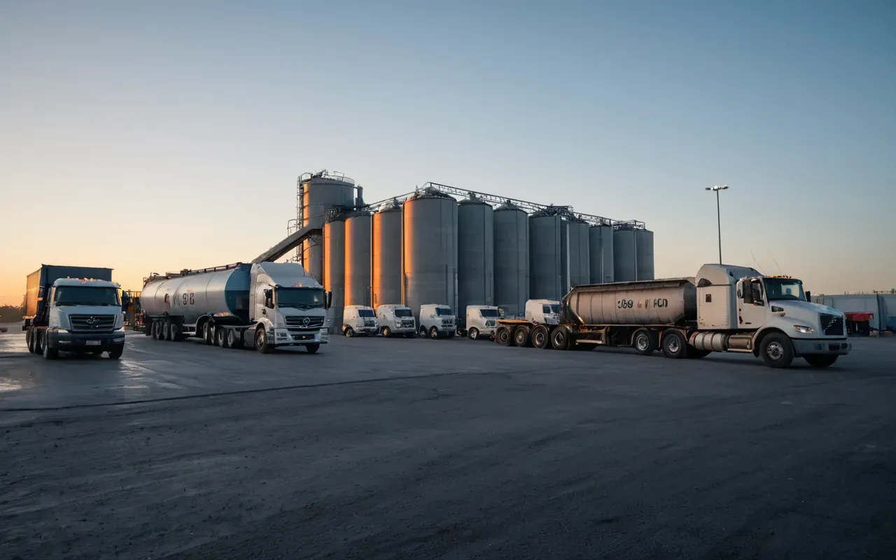 Wide shot of a modern concrete mixing facility at dawn with trucks loading on an asphalt yard under soft blue morning light.
