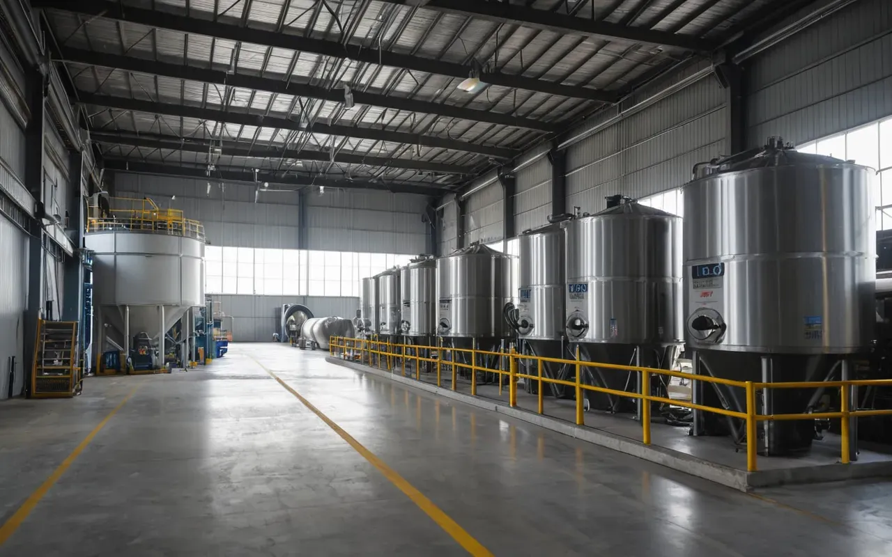 Wide shot of a modern concrete mixing facility interior with large rotating drums and clean industrial floor under bright fluorescent lighting