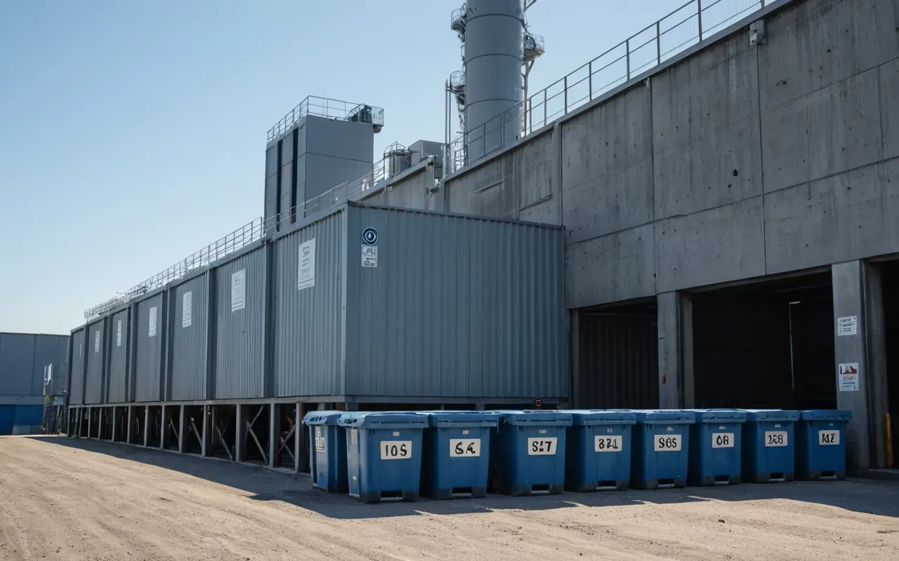 Wide shot of a modern concrete plant exterior with large storage bins and clean paved yard under clear blue sky during daytime